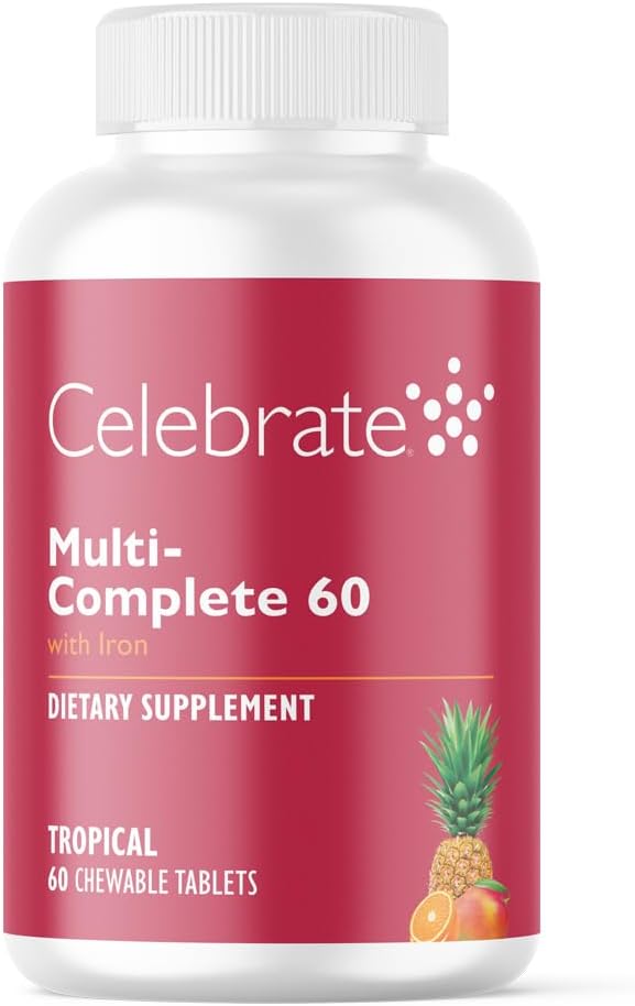 Celebrate Vitamins Multi-Complete Chewables, 60mg Iron – Daily Bariatric Multivitamin for Sleeve Gastrectomy & Gastric Bypass Surgery Patients – Essential Vitamins & Minerals - Tropical (60 Tablets)