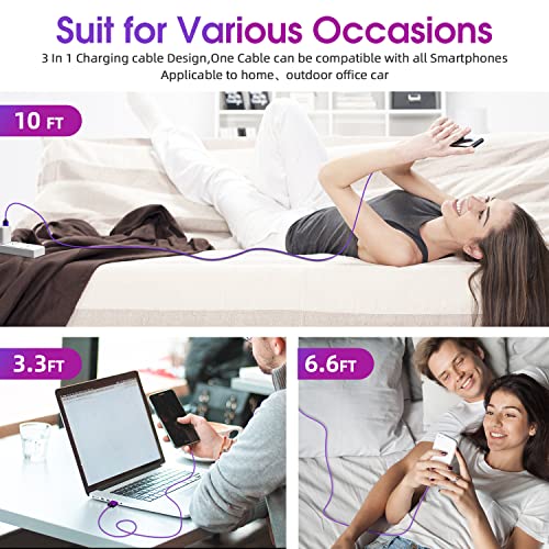 Magnetic Charging Cable [3-Pack,10Ft/10Ft/10Ft] 540° Rotating Magnetic Phone Charger 3 In 1 Magnetic Usb Cable With Led Light Nylon Braided Magnetic Charger For Iphone/Micro Usb/Type C Device-Purple #TOP6