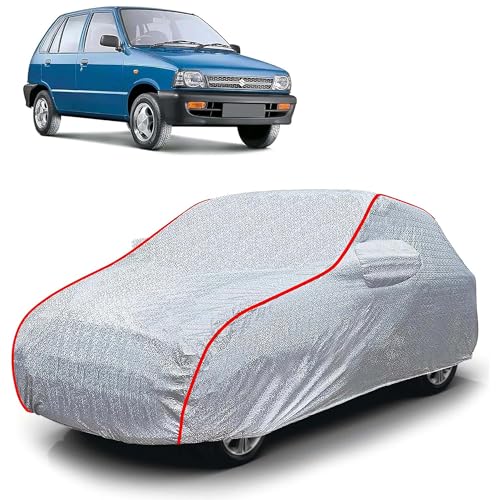 Image of Sulfar 100% Waterproof Car Body Cover Compatible with Mirror for Maruti Suzuki 800 (Triple Stitched, Full Bottom Elastic, Magic Silver with Red Piping)