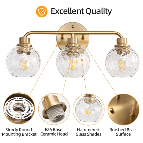 Image of Bathroom Light Fixtures Gold Vanity Light 3 Light Wall Sconces Lighting Brushed Brass Lights with Hammered Globe Glass Shades Bath Wall Lamp for Mirror Living Room Bedroom Hallway