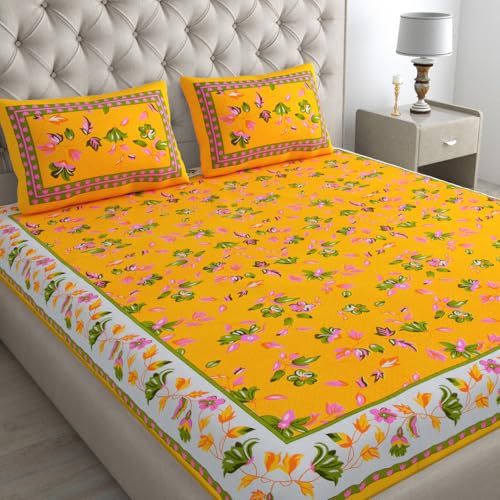 Image of JAIPUR PRINTS 100% Cotton Rajasthani Jaipuri Traditional Floral King Size Double Bedsheet with 2 Pillow Covers - Multicolor, 180-200 tc (A - Yellow, Double)