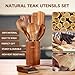 Mooues 9 Piece Natural Teak Wooden Kitchen Utensil Set with Spoon Rest - Comfort Grip Cooking Spoons and Utensils Holder