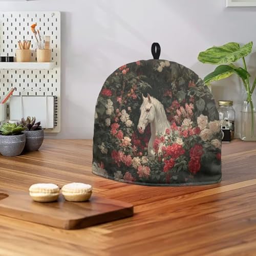 Image of Rose White Horse Print Handmade Tea Cozy Kitchen Home Decorations Teas Cosy Creative Gifts Tea Cozies for Teapot Keep Warm Double Tnsulated Kettle Cover for Office