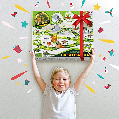 KITOART Dinosaur Toys-258 Pcs Create A Dinosaur World Road Race, Dinosaur Race Track-Flexible Assembly of Various Track Devices & 2 Cool Dinosaur Car, Best Gift for Kids-3 4 5 6 Year Old Boys Girls