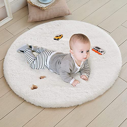 Chloelov Soft Round Fluffy Faux Fur Area Rug 3' X 3', Circle Cozy Shaggy Sheepskin Furry Carpet Rug For Bedroom Living Room, Circular Plush Fuzzy Floor Cover Mat For Baby Teen Kids Nursery Room, White #TOP2
