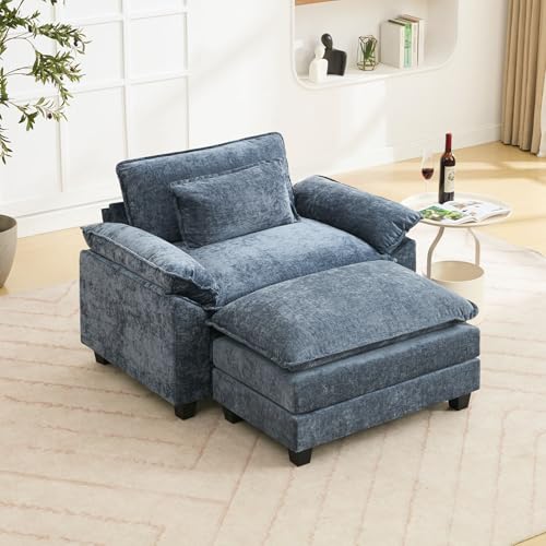 Image of Oprisen 53 inch Modular Sectional Sofa, Comfy Cloud Couch Sectional Sofa with Ottoman, Chenille Sofa Sleeper Deep Seat Sofa with Throw Pillows for Living Room (Blue)