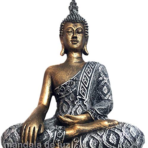 Estátua de Buda Grande Dourado e Prateado Resina 32cm
