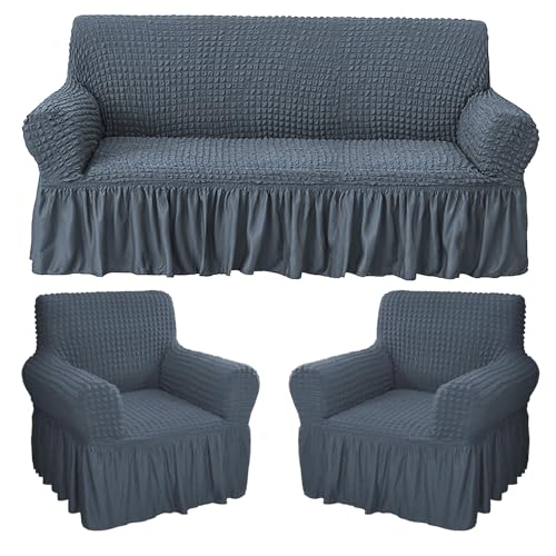 Image of House of Quirk Turkish Bubble Frill Five Seater 3 + 1 + 1 Sofa Slipcovers 280 GSM, Durable Washable Universal Triple Seater High Elastic Furniture Protector ((Grey))