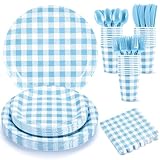 NatNarr 175 Pcs Gingham Paper Plates, Boy Baby Shower Decorations Include Blue Gingham Plates and Napkins Cups Disposable Blue Dinnerware for Picnic, Wedding, Birthday