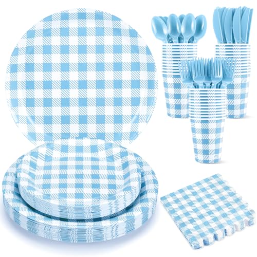 NatNarr 175 Pcs Gingham Paper Plates, Boy Baby Shower Decorations Include Blue Gingham Plates and Napkins Cups Disposable Blue Dinnerware for Picnic, Wedding, Birthday
