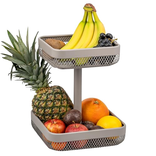 eluno 2-stöckige eckige Obstetagere/ Brotkorb, Körbe mit 20 x 20 cm und 25 x 25 cm, Obstkorb für die Lagerung von Obst, Gemüse, Brot, Gewürzen und Snacks in Küche und Wohnzimmer, aus Metall (Taupe)