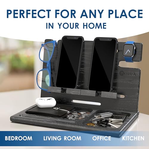 Image of BarvA Wood Docking Station Tray Two Cell Phone Smartwatch Holder Men Charging Accessory Nightstand Father Mobile Gadget Organizer Tablet Storage Dresser Anniversary Birthday Graduation Gift