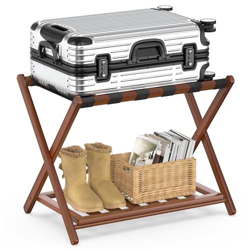 BAMBOOHOMIE Bamboo Luggage Rack with Shelf, 26.77" Brown