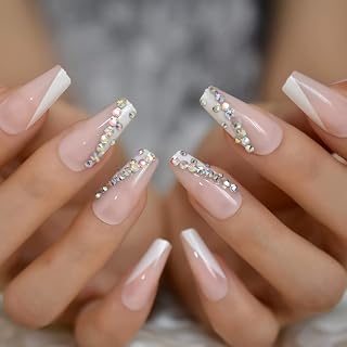 Coffin Press On Nails With Stones French Tips Glossy Nude Long False Finger Nails Full Cover Manicure