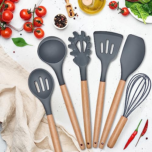 Herogo Kitchen Utensils Set with Holder, 10 Pieces Silicone Cooking Utensil with Wooden Handle, Heat Resistant & Non-Stick, Cooking Spatula Turner Tong Gadgets Utensil Set – Grey - Image 3