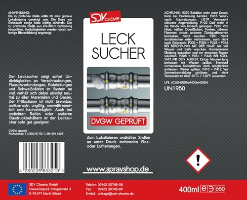 SDV Chemie Lecksuchspray 1x 400ml DVGW geprüft Leckfinder Lecksucher Gas Lecksuch-Spray