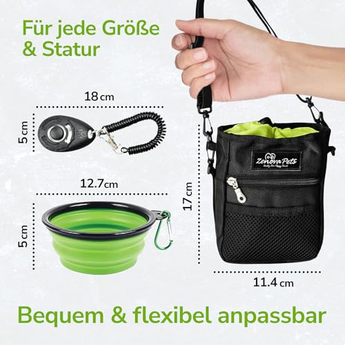 ZENOVA PETS Leckerlitasche für Hunde, großer Leckerlibeutel & Snackbeutel Hund mit Reisenapf, Clicker, Kotbeutelspender & Handyfach, 3 Tragemöglichkeiten, ideale Futtertasche für Hundetraining