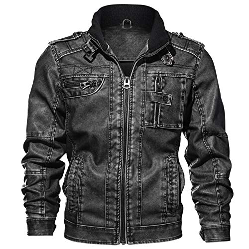 CFWL Winter 3dpu Lederjacke Motorrad Modejacke Mit ReißVerschlusstaschen Herrenjacke Jacke Mit Kapuze Biker Kunstleder Jacke Mit Gesteppten Bereichen Regenjacke üBergangsjacke Grau 2XL Cover