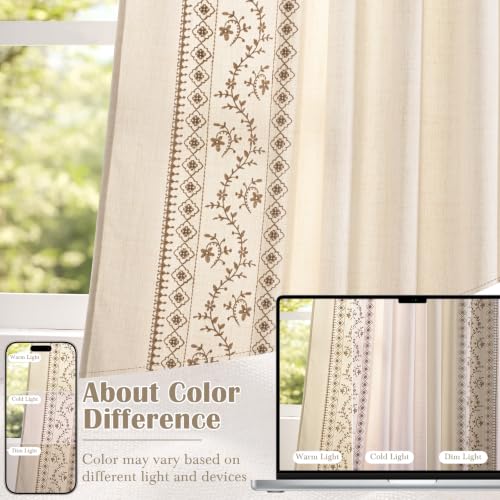 Image of Yinhua Boho Kitchen Curtains 36 Inch Length Brown Embroidered Floral Cafe Curtains, Farmhouse Light Filtering Kitchen Window Curtain Rod Pocket Short Tier Curtains for Windows, 26 inch W x 36 inch L, 2 Panels