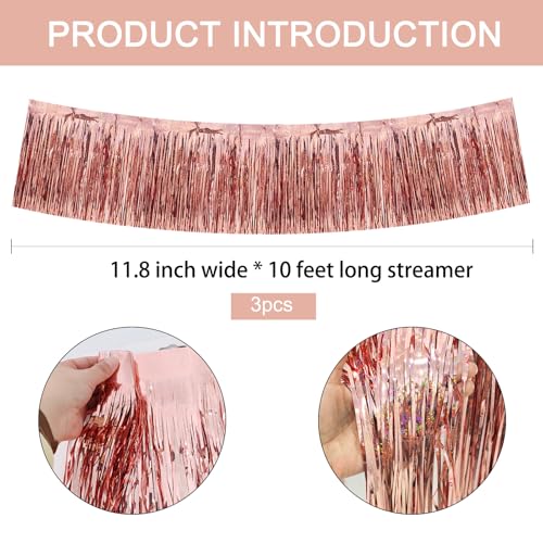 Image of BEISHIDA 3 Packs Metallic Foil Fringe Garland Laser Rose Gold Wall Hanging Tinsel Fringe Banners for Car Floats Birthday Baby Bridal Shower Wedding Graduation Holiday Party Decoration(30 Feet)