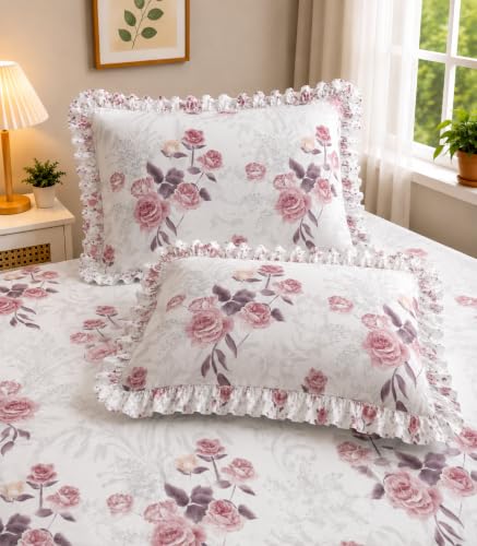 Image of Fitted Bedsheet Queen Size 300 TC Soft Cotton Feel Microfiber All Around Elastic Fitted Double Bedsheet with 2 Frill Pillow Covers | Size (60x78) Pink Rose