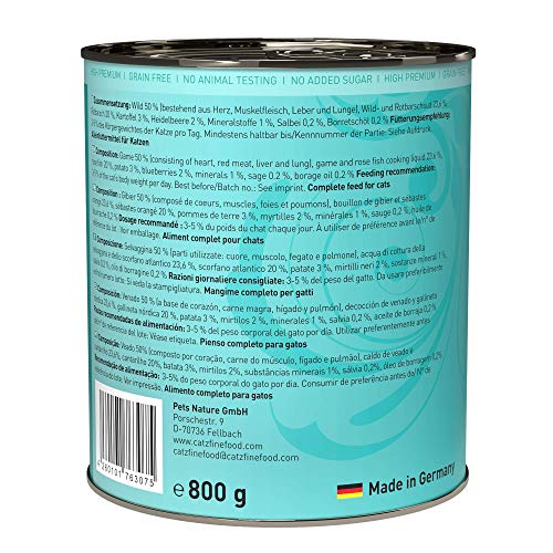 catz finefood N° 21 Wild & Rotbarsch Feinkost Katzenfutter nass, verfeinert mit Kartoffel & Heidelbeere, 6 x 800g Dosen