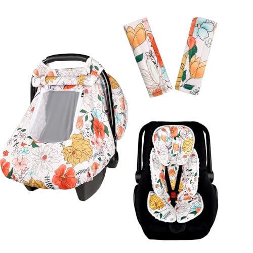Image of Pack of Floral Baby Car Seat & Strap Covers, Stroller Cushion for Newborn, Ultra Soft Breathable Fabric, Suitable Use in Winter