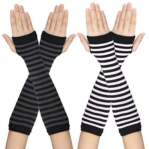 Yolev 2 Pares Guantes Sin Dedos para Mujer Mangas Largas de Punto a Rayas Guantes Elásticos Cálidos con Orificio para el Pulgar para Clima Frío de Invierno