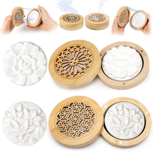 4 Duftsteine für Ätherische Öle mit 2 Holz Duftsteinboxen, Kleiner Aroma Diffusor Set für Aromatherapie in Schlafzimmer, Badezimmer, Büro, Auto und unterwegs