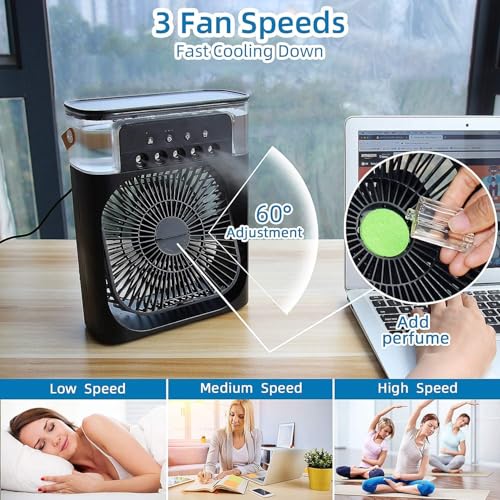 Image of Drumston (15 Years Assured Warranty) Personal Mini Air Cooler Fan with Humidifier Mist, Adjustable Wind Speeds, LED Night Light, USB Powered Portable Desk Cooler for Bedroom Office Study Room (Black)
