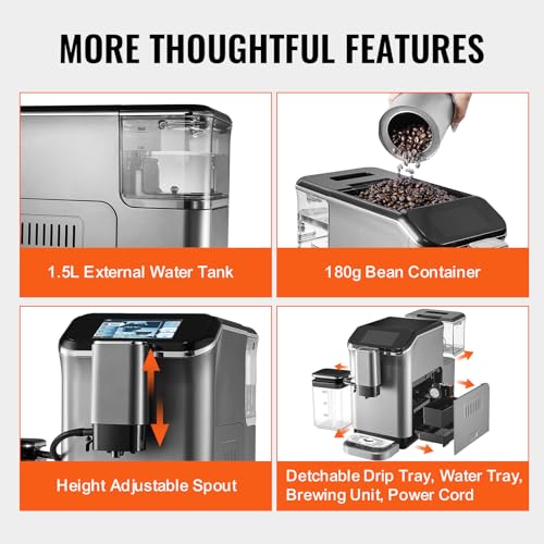 Image of VEVOR Automatic Espresso Machine, Espresso Maker with Automatic Milk Frother, Cappuccino Latte Machine 20 Bar with TFT Touch Screen, Grinder, 15 Grind Levels, Home Office
