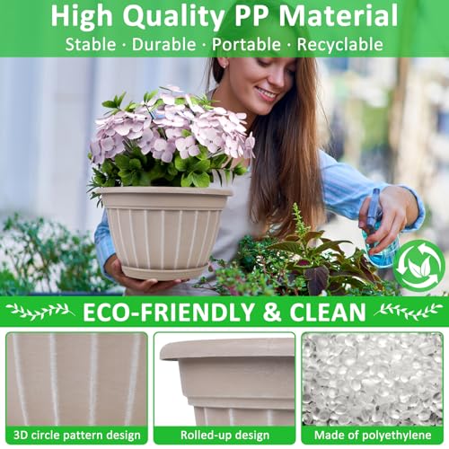 FGstyle 10 Inch Plants Pot,4 Pack Flower Pots,Planters Pot with Drainage Hole & Saucer,Modern Planters for Indoor Outdoor Plants,Decorative Resin Garden Pots for Outdoor Indoor Home Plants (Beige) — view 2