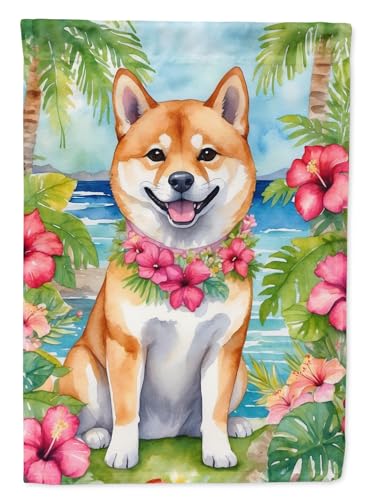 Caroline's Treasures DAC6520CHF Drapeau de maison Shiba Inu Luau - Grand mât de porche - Décoration extérieure - Bannière d'art - À suspendre au mur - Polyester - Taille de la maison - Multicolore