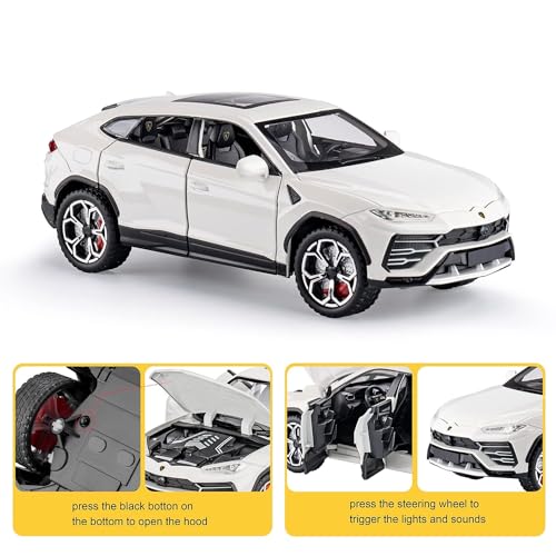 Image of Compatible for 1:24 Lamborghini Urus Car Model, Diecast Pull Back Car Toy car, Doors Open, Light and Sound, Boys Toys Kids Adults Gifts -White