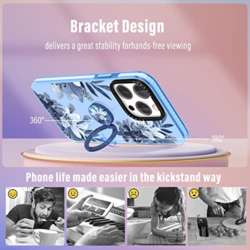 Kokaaee (2in1 for iPhone 14 Pro Case Flower Floral for Women Girls Girly Cute Phone Cases Blue Flowers Design Soft TPU Bumper Fashion Plants Cover+Ring Holder for iPhone 14Pro 6.1" - image 3