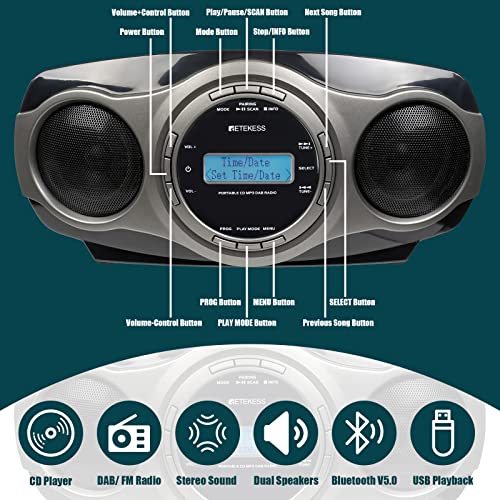 Retekess TR631 DAB Radio mit CD-Player, Boombox Bluetooth, Radio Batteriebetrieben, FM-Stereo, USB, AUX in, LCD Display… - Image 7