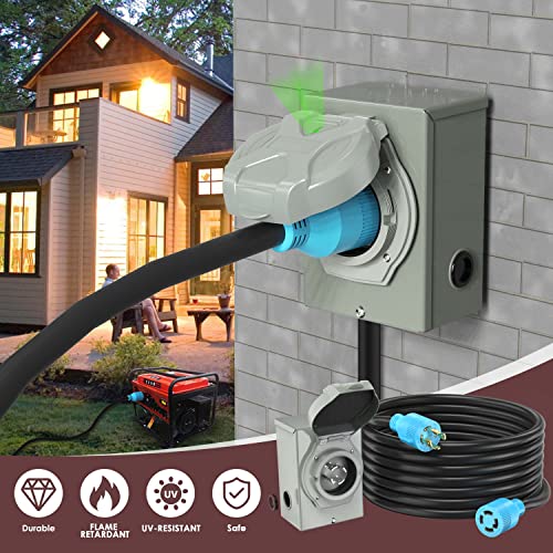 Circlecord 4 Prong 25 Feet 30 Amp Generator Cord And Inlet Box, Heavy Duty Nema L14-30P/L14-30R, 125/250V 7500W 10 Gauge Sjtw Generator To House Power Cord With Cord Organizer #TOP5