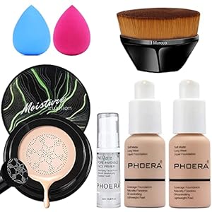 PHOERA Foundation Full Coverage Makeup, Mushroom Head Air Cushion CC Cream Foundation,PHOERA Primer,Foundation Brush (102 Nude + 103 Warm peach+#02 Natural CC)