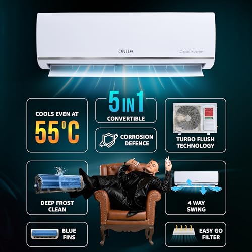 Image of ONIDA 1 Ton 3 Star, New Star Rated, Inverter Split AC (Copper, Convertible 5-in-1, Fast Cooling at 55 C, Deep Frost Clean, Turbo Flush Technology, IR123MGSP,White)