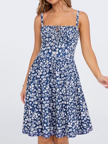 Image of YATHON Summer Mini Corset Sun Dress for Women Short Casual Square Neck Lace Up Floral Beach Vacation Dresses with Pockets