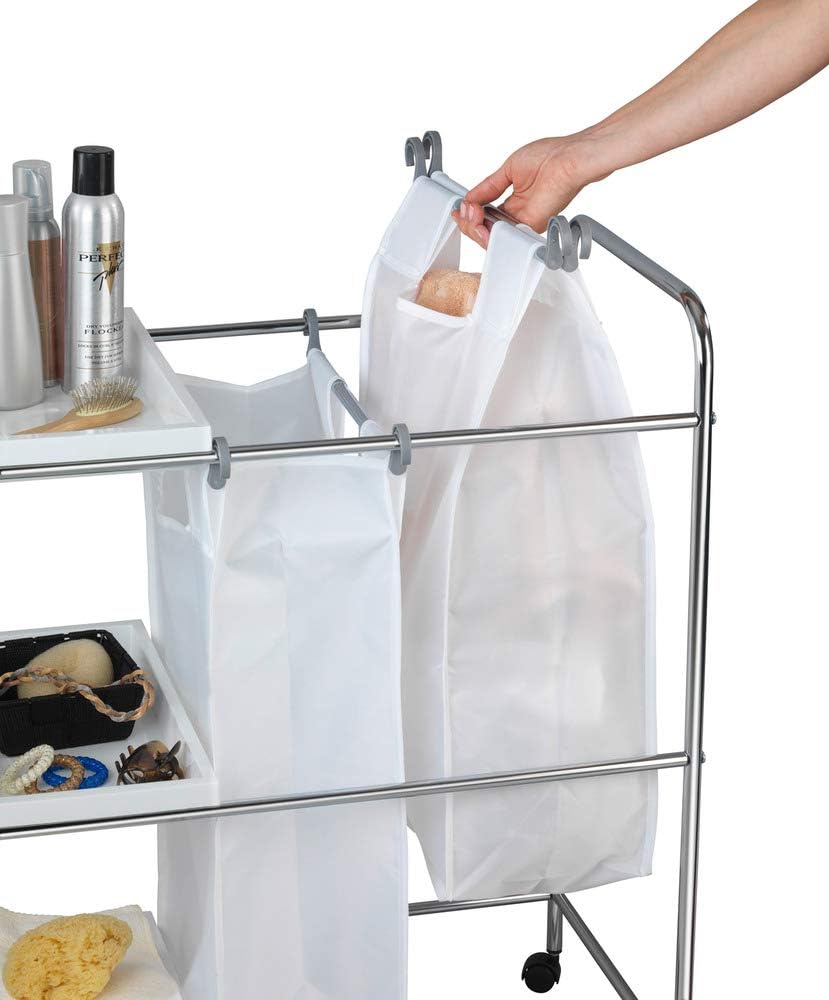 3-Tier Rolling Cart with 2 Removable White Storage Bags, Metal Utility Cart, Capacity 16.9 Gal, Dimensions 15.4 x 24.8 x 31.9 in