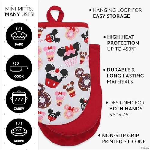 Image of Disney Mickey & Minnie Mini Oven Mitts, 2-Pack, Heat Resistant 450F | Compact 5.5 inchx7.5 inch pot holders for kitchen, printed silicone offers non-slip grip, ambidextrous, hand wash or spot clean