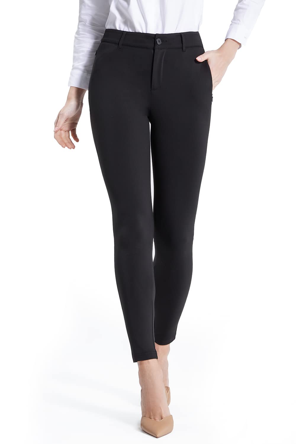 Balleay Art Black Pants for Women Zipper Stretch Work Pants Women Casual Business Skinny Leg Pants with Pockets