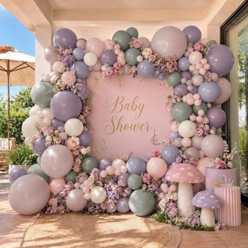 Image of Dusty Pink Purple Balloon Arch Double Stuffed Light Blush Lavender Balloon | Lilac White Ivory Gray Balloon Garland for Fairy Baby Shower Birthday Bloom Bridal Shower Butterfly Mermaid Party Decorations