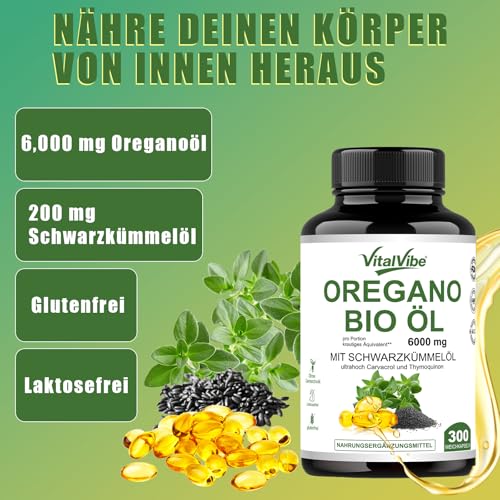 VitalVibe öil of oreganol Kapseln,2 in 1 6000 mg Oreganoöl mit Schwarzkümmelöl 200 mg,Oregano-Nahrungsergänzungsmittel auf Kräuterbasis | Hochwirksame Pflanzenstoffe Nahrungsergänzungsmittel