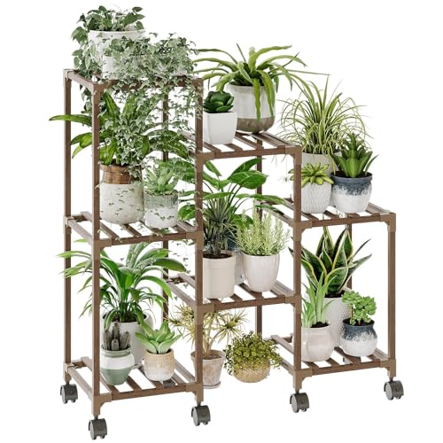 Bamworld Support Plantes Intérieur avec Roulettes, Porte Plante Intérieur en Bois, Étagère à 3 Niveaux pour 7 Pots, Étagère Plante pour Fenêtre,...