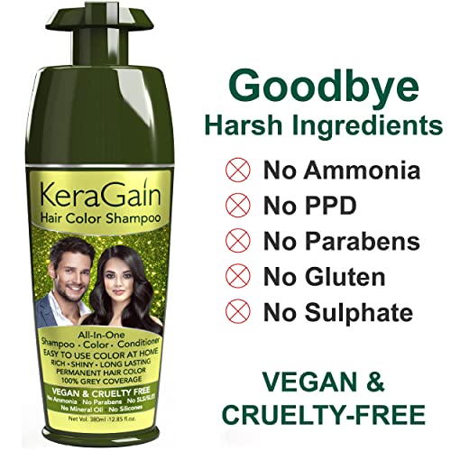 KeraGain Hair Colour Shampoo (Natural Black, 380Ml) Black Hair Dye For Women and Men | No Ammonia| No PPD | Vegan Keratin Infused