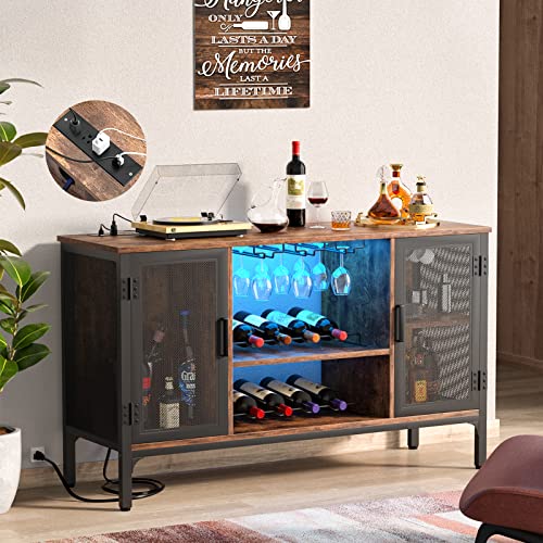Homieasy Wine Bar Cabinet With Led Lights And Power Outlets, Industrial Coffee Bar Cabinet For Liquor And Glasses, Farmhouse Bar Cabinet With Removable Wine Racks, Rustic Brown #TOP1