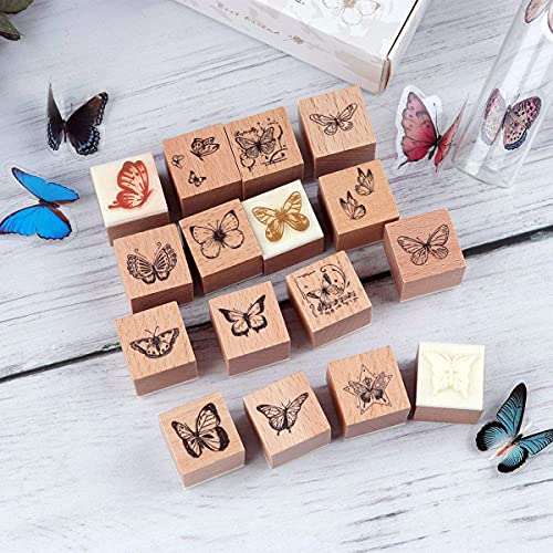 Huralona 16pcs Wooden Rubber Stamps Set Vintage Decorative Mounted Rubber Stamp Plant Flower Animal Pattern DIY Wood Rubber Stamp for Journaling Craft Scrapbooking Diary (Butterflies) - Thumbnail 6
