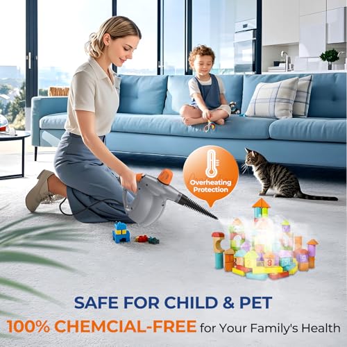 Image of Steam Cleaner, Pressurized Handheld 13pcs Multi-Purpose Natural Deep Cleaning Steamer, Portable Steamer for Cleaning Home, Grout, Kitchen, Car, Window, Upholstery, Bathroom and Clothes, Orange&Gray